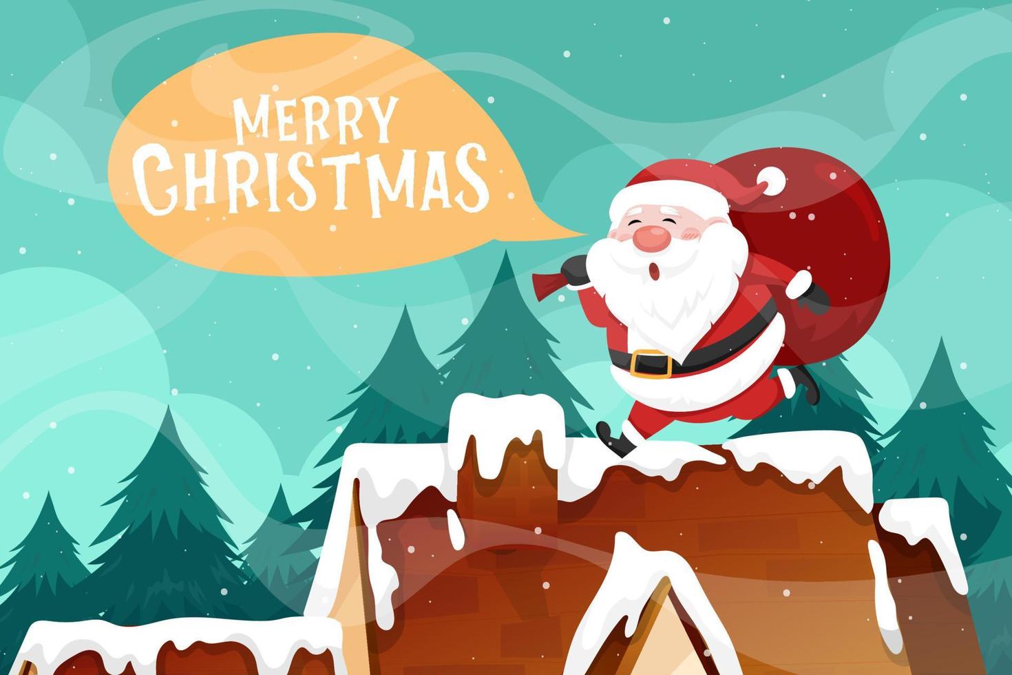 Santa Claus on the rooftop and chimney at the Christmas night with snowy and snowflake. vector