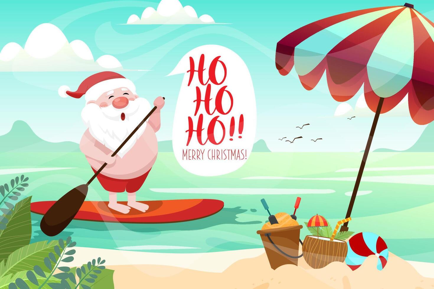 Santa Claus rowing on surf board against tropical ocean background. vector