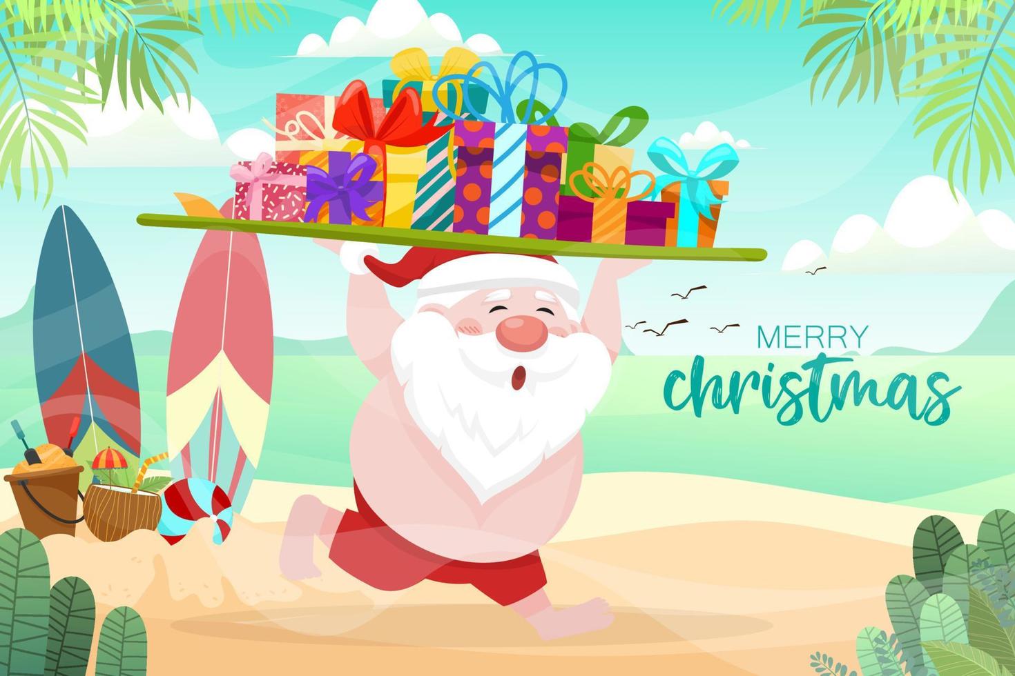 Santa Claus wearing swim suit and carrying a surfboard with gift boxes running on the beach vector