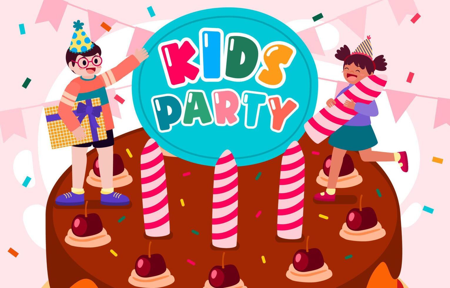 The children in greeting party with present box and element vector