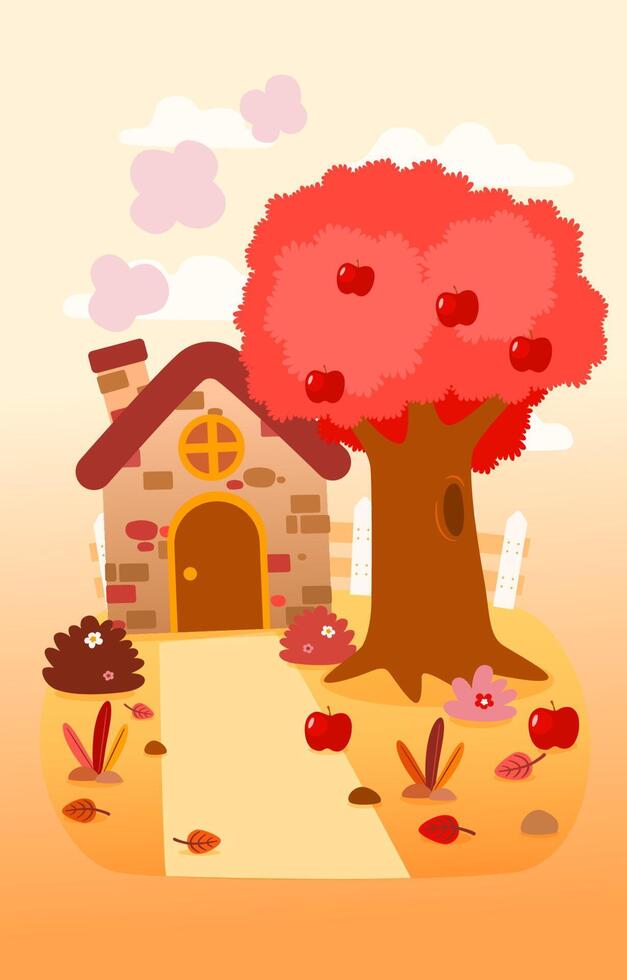 hermosa casa paisajística con manzano en temporada de otoño vector