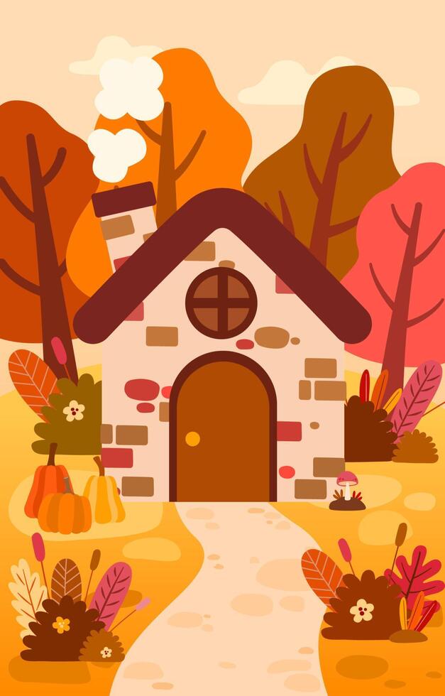 hermosa casa de paisaje con árboles en la temporada de otoño vector