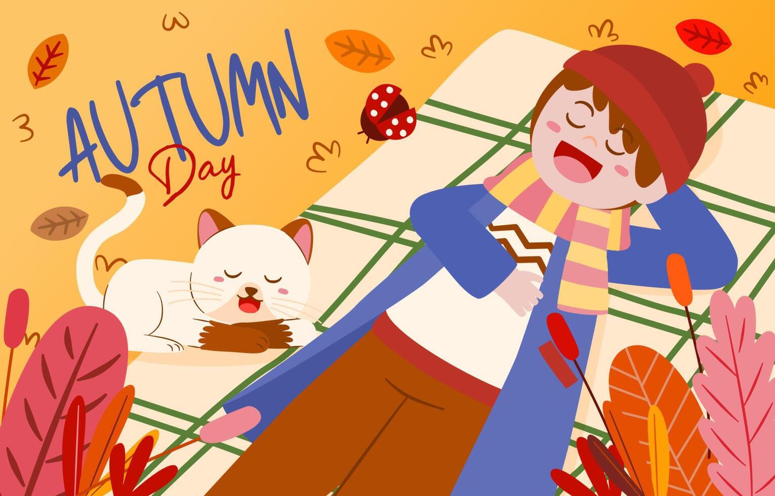Cute boy and cat asleep in park on autumn day vector