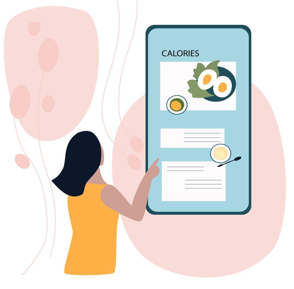 Mobile application for calorie counting. Idea of healthy nutrition and meal portion. Counting calories in food. vector