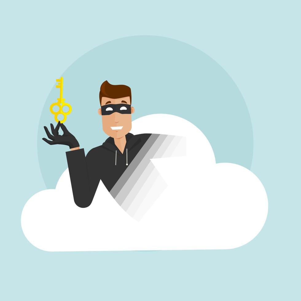 The thief holds the key to all the data in the cloud storage. Modern vector illustration in flat style.