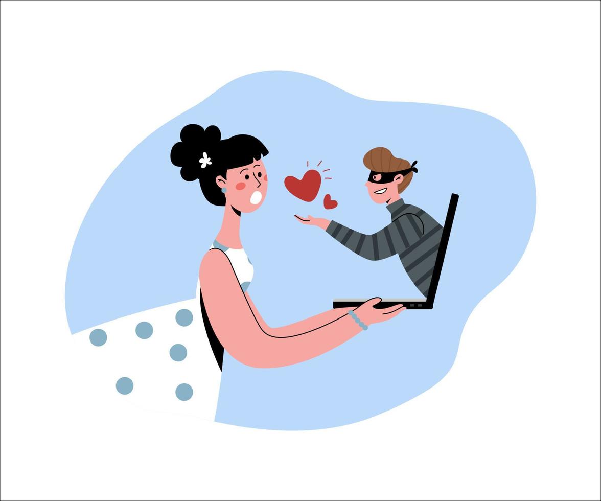 Internet dating scam. A man tries to deceive a woman over the Internet. vector