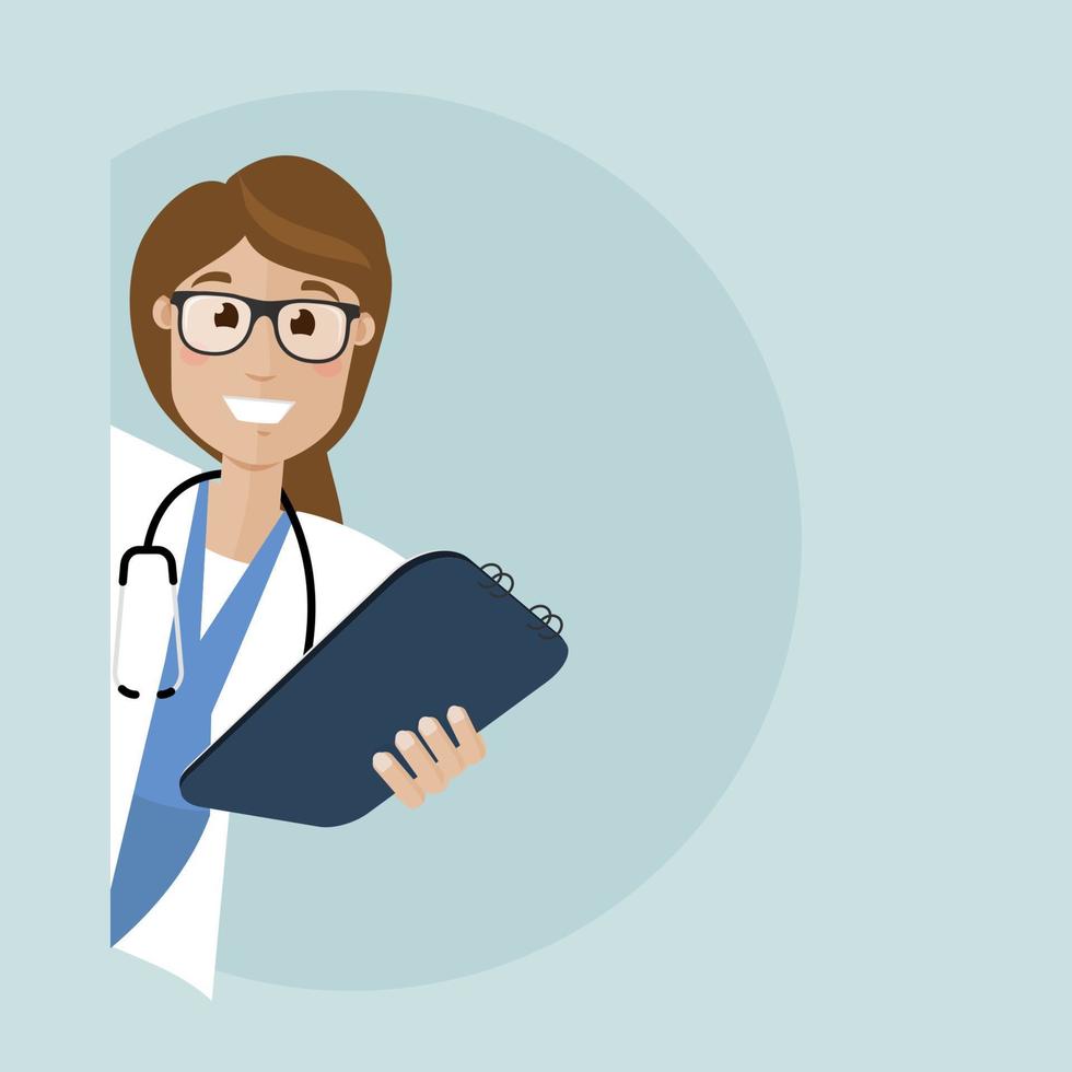 Smiling doctor peeking around the corner and holding a tablet for notes. Vector flat illustration.