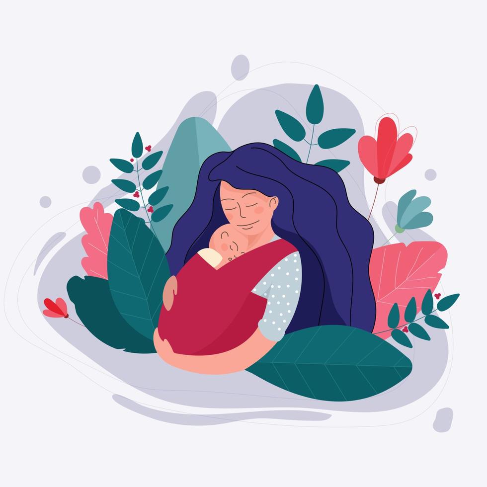 A young mother cuddling a sleeping baby in a sling. vector