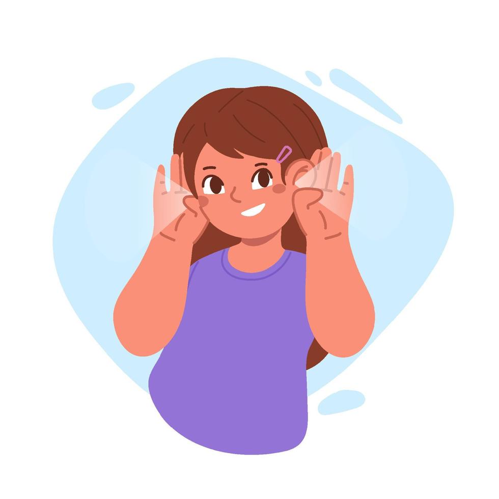 concepto de sordera. la niña sonríe y sostiene su mano cerca de su oído, escuchando atentamente. vector