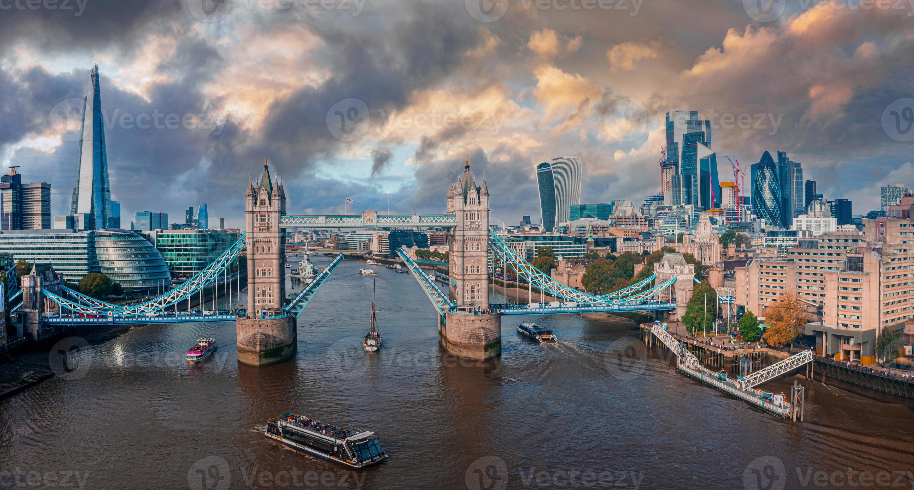 Aerial panorama of the London Tower Bridge and the River Thames