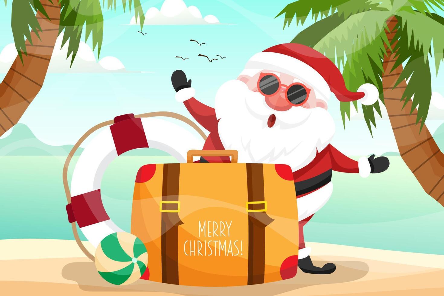 Santa Claus wearing santa suit. Summer Santa Claus with luggage and swim ring he has a rest on beach tropical ocean background. vector