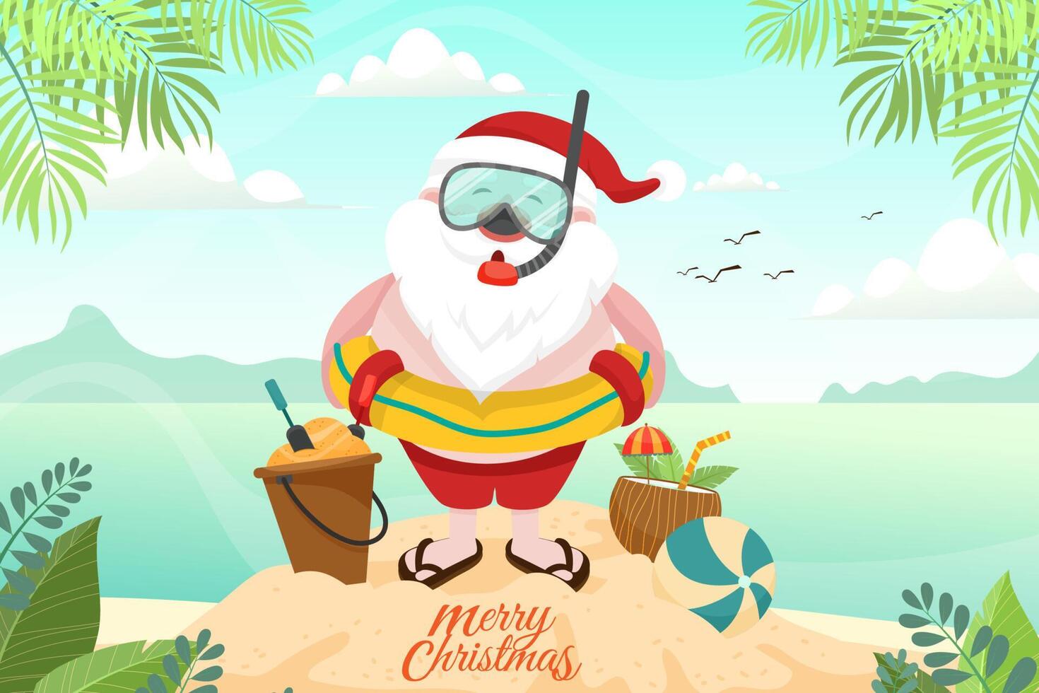 Santa Claus wearing swim ring. Summer Santa Claus with scuba he has a rest on beach tropical ocean background. vector