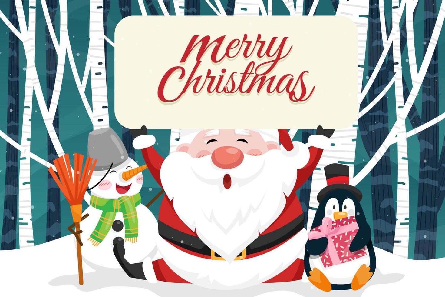 Winter scene in forest Santa Claus holds a banner with a snowman and a penguin in the snow. vector