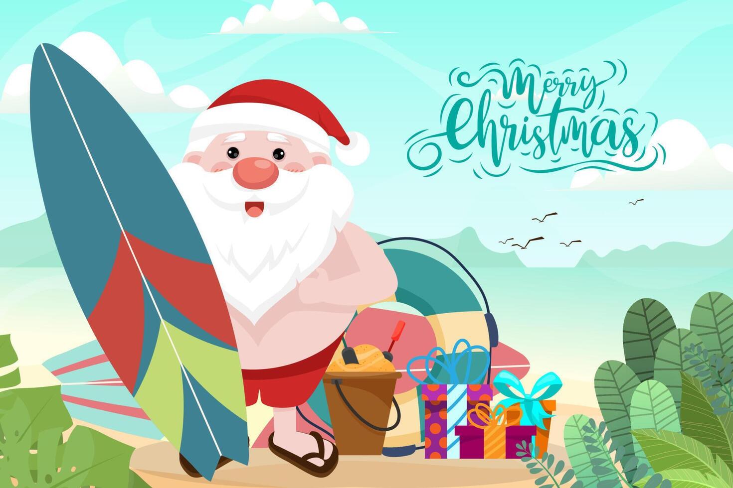 Santa Claus wearing swim suit. Summer Santa Claus with surfboard he has a rest on beach tropical ocean background. vector