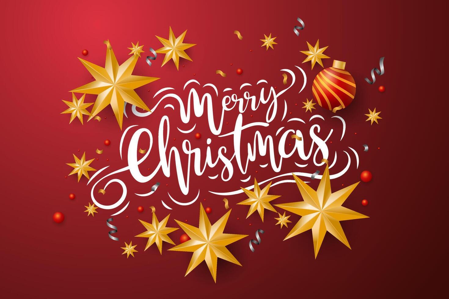 Merry Christmas and Happy New Year banner. Xmas background with star and balls design on red backgroud. vector