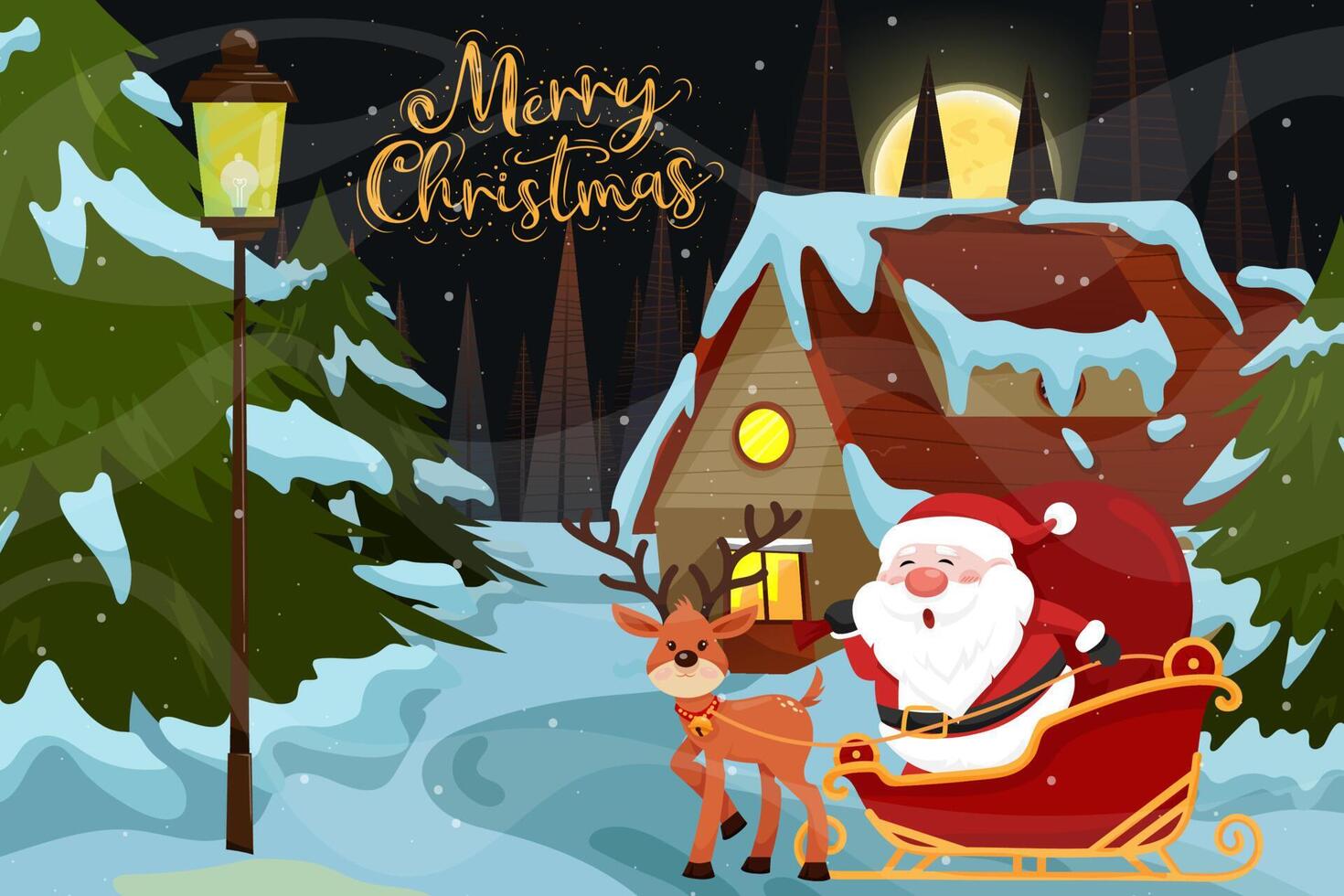 Santa Claus sled over snow at the Christmas night with full moon and snowy. vector