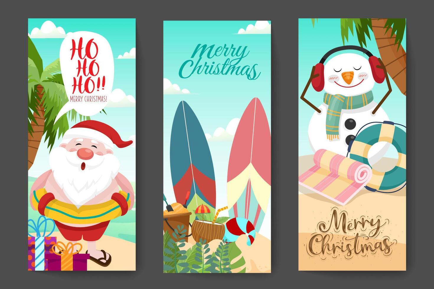 banner de fondo de feliz navidad y año nuevo. santa claus, muñeco de nieve en la pancarta de la playa. vector