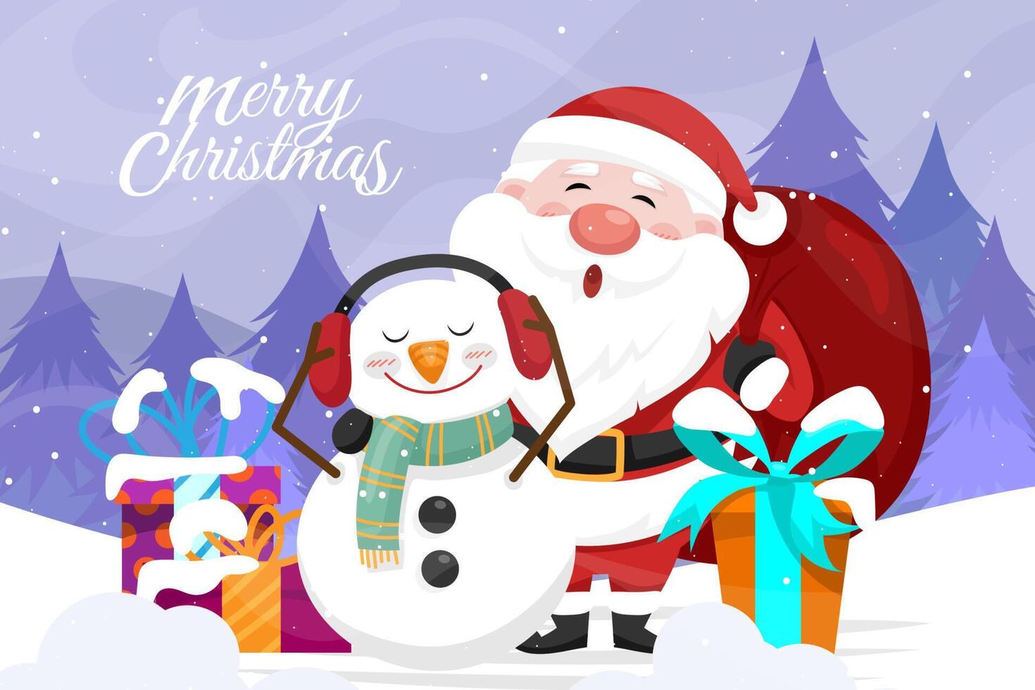 Winter scene snowy among pine trees Santa Claus, snowman and giftbox. vector