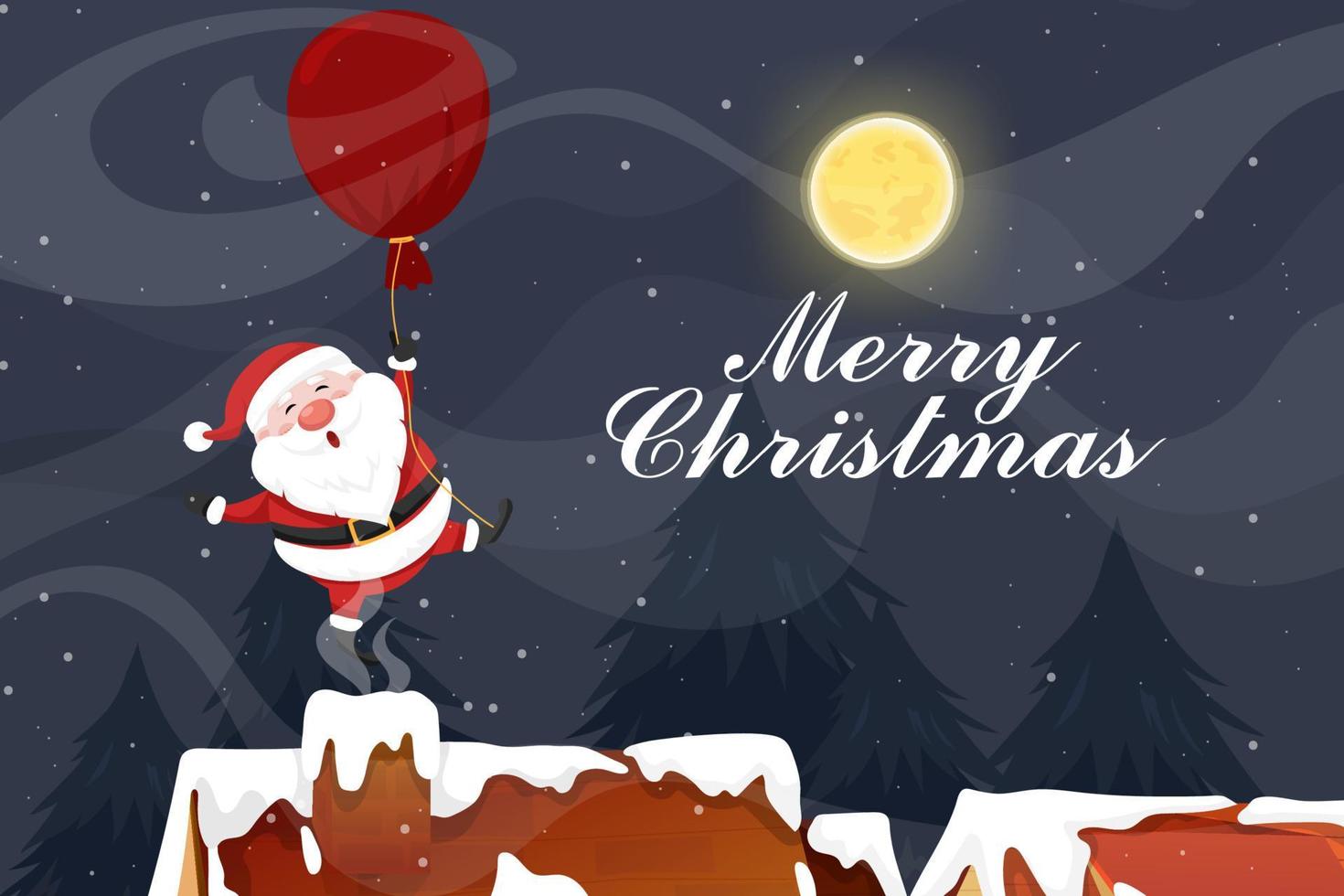 santa claus usó un globo sobre la azotea y la chimenea en la noche de navidad con luna llena y nieve. vector