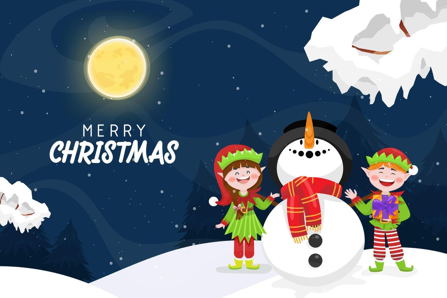 A serene winter scene with the Elves and Snowmen in the snow-covered full moon of Christmas. vector