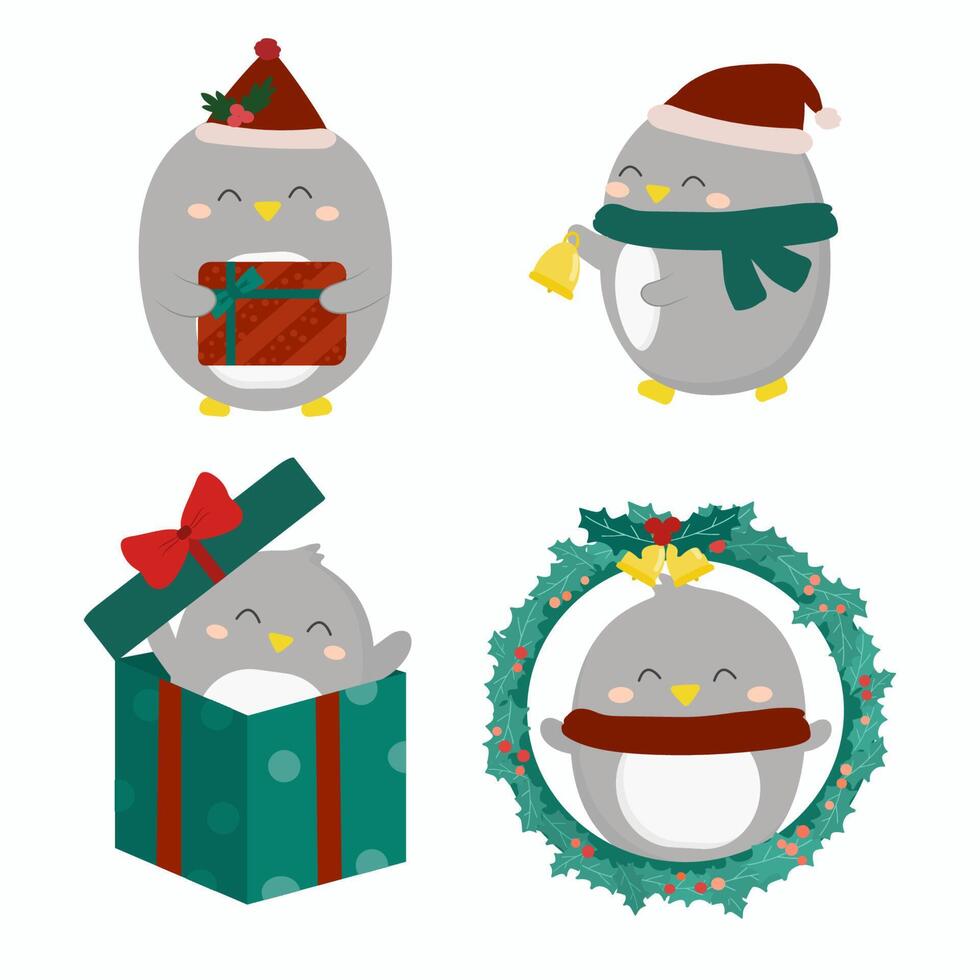 conjunto de pingüinos navideños de invierno y decoración de objetos temáticos navideños. vector