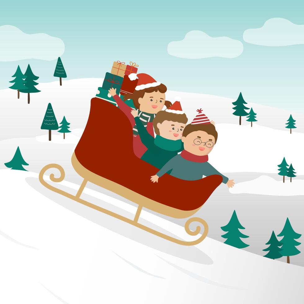 Family playing sleigh on christmas day. Sleigh slides down the hill and carries many gift boxes. vector