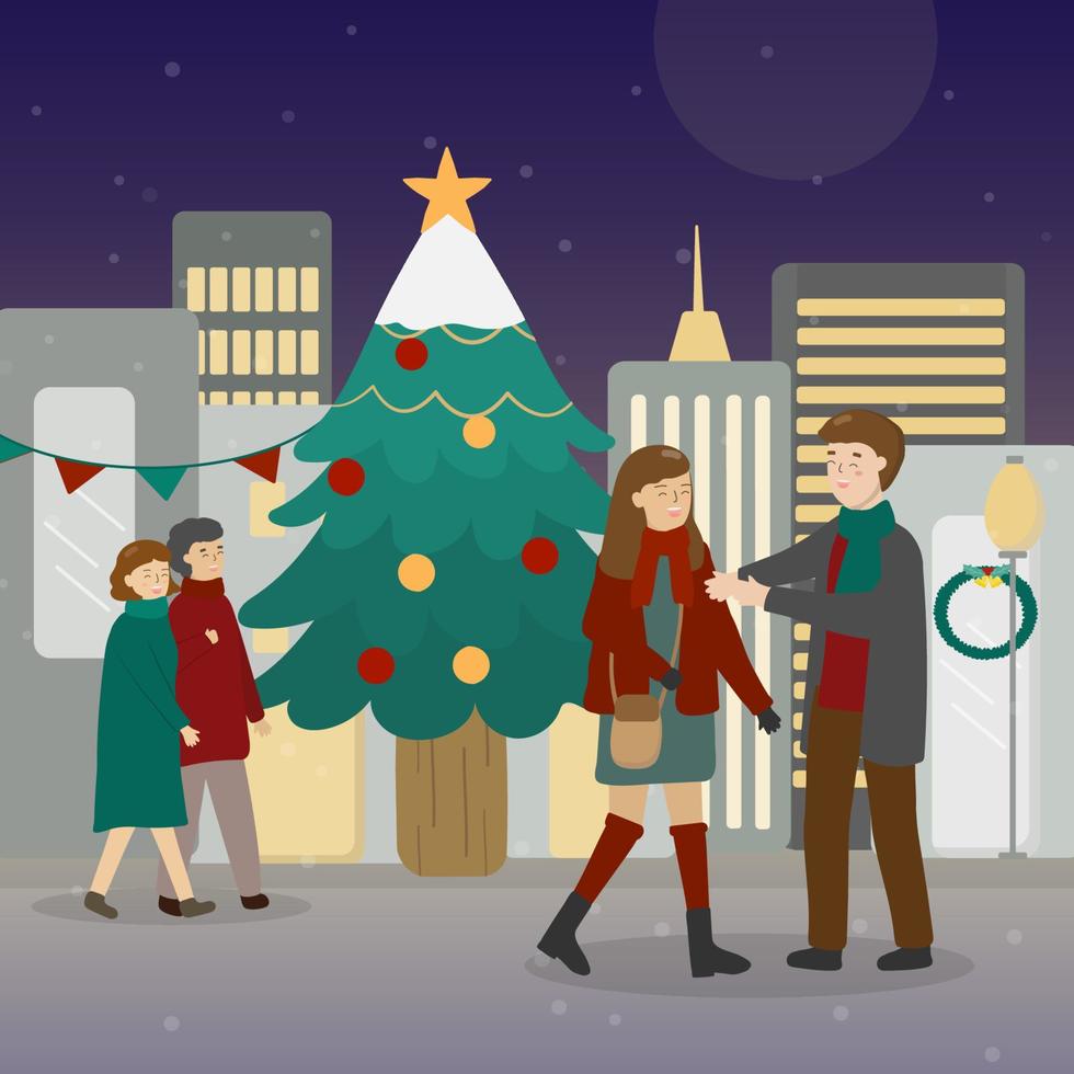 luces de navidad en la gran ciudad un gran árbol de navidad y gente caminando los jóvenes se encuentran en un ambiente hermoso y feliz. vector
