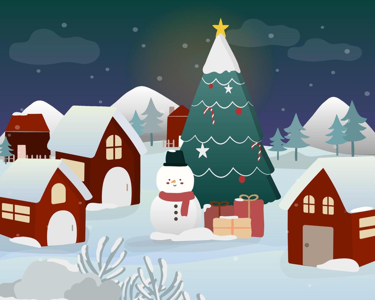 The scene of a house in a pine grove is snowing and there is a Christmas tree with Snowman. vector