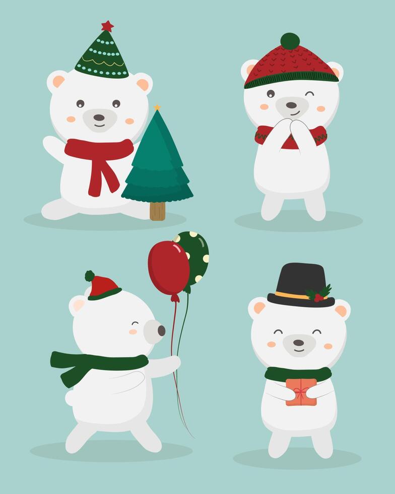 Polar bear fluffy hair fur cute cartoon kawaii funny character in christmas theme. vector