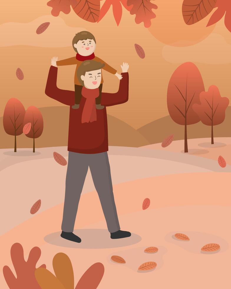 Father and son in park on autumn season vector