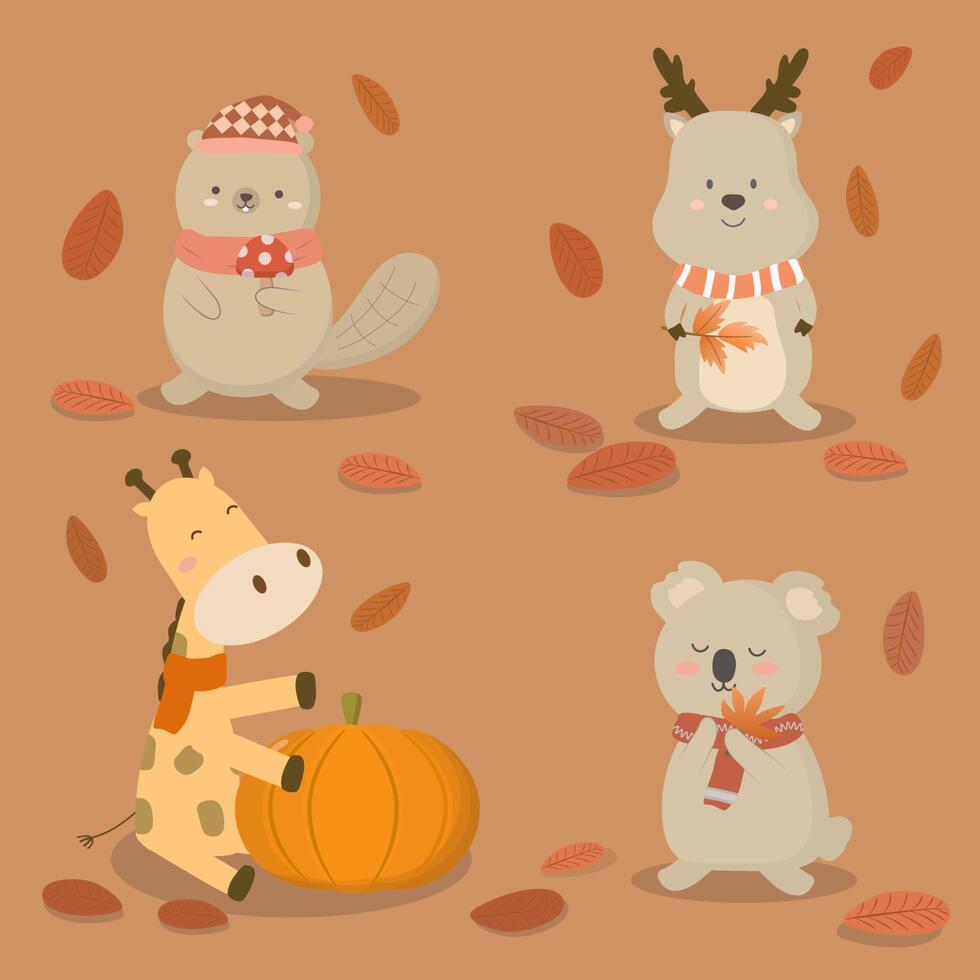 Cute animal with scarf and hat in autumn day vector