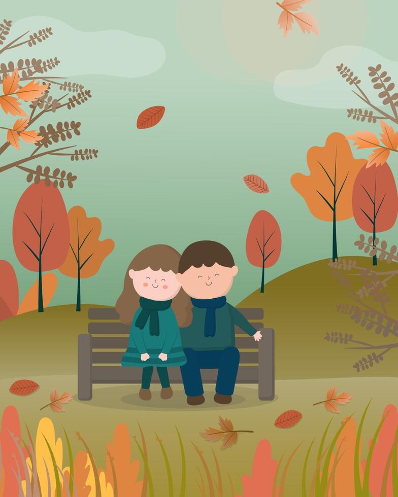 Young couple relax on long bench in the park vector