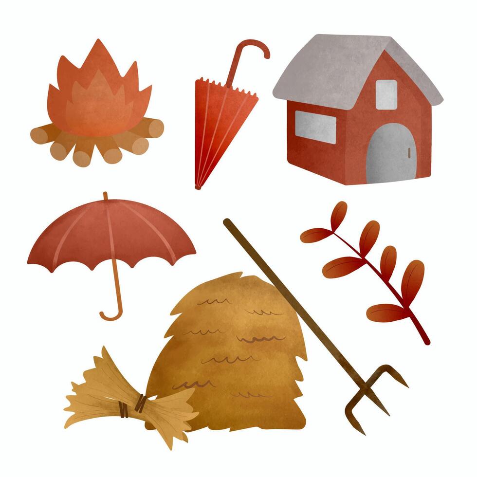 Autumn collection of decorative season elements on white background vector