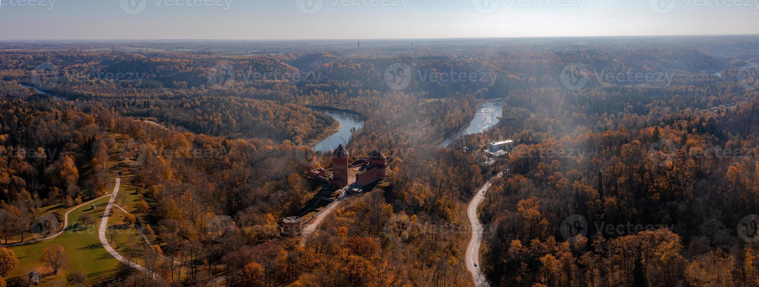 Aerial view of tthe Sigulda city in Latvia during golden autumn. photo