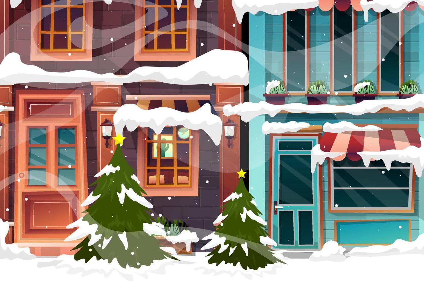 Vector illustration of Cityscape winter scenery with christmas tree and snowfall.