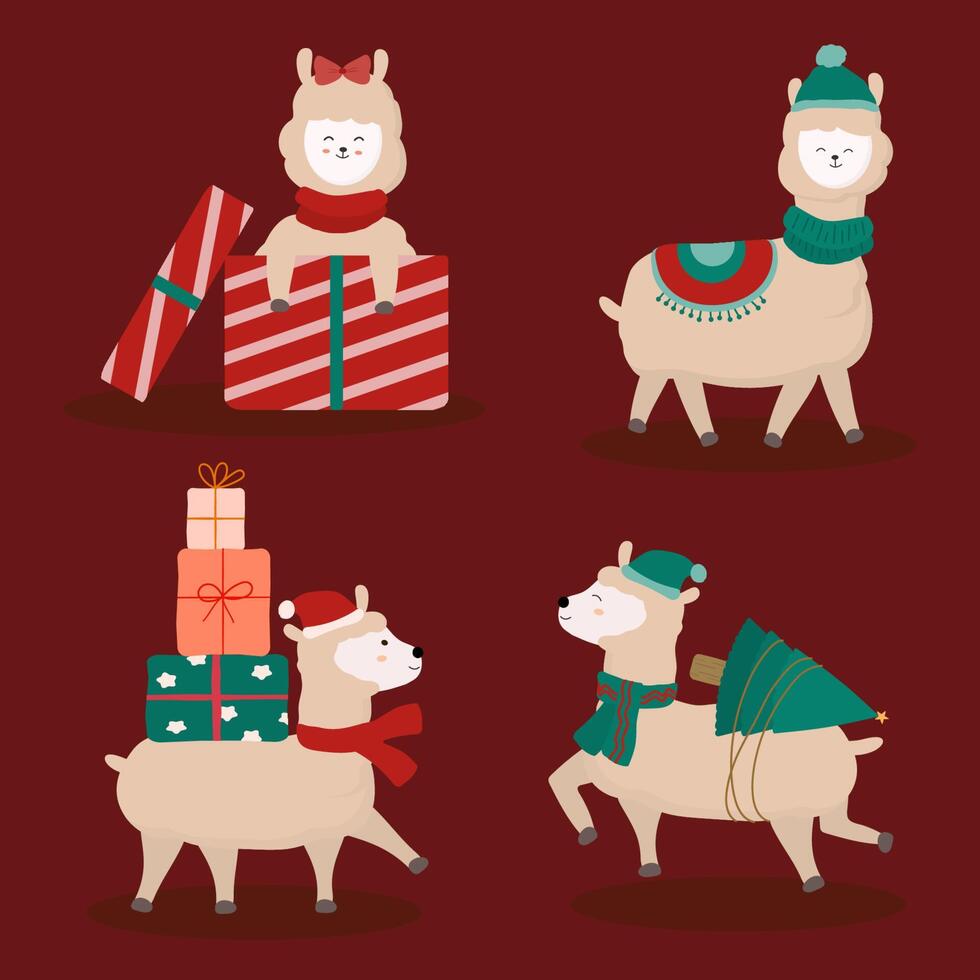 Llama alpaca fluffy hair fur cute cartoon kawaii funny character in christmas theme. vector
