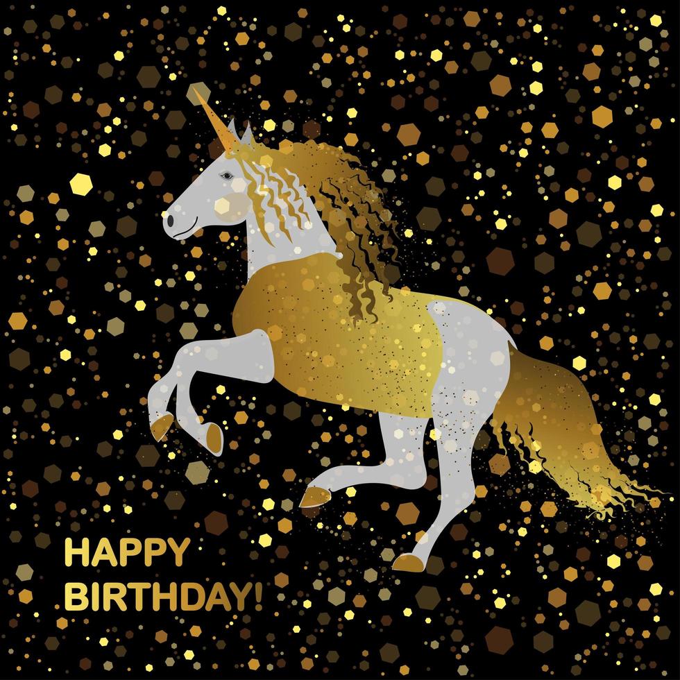 unicornio dorado sobre un fondo negro. tarjeta de feliz cumpleaños. vector