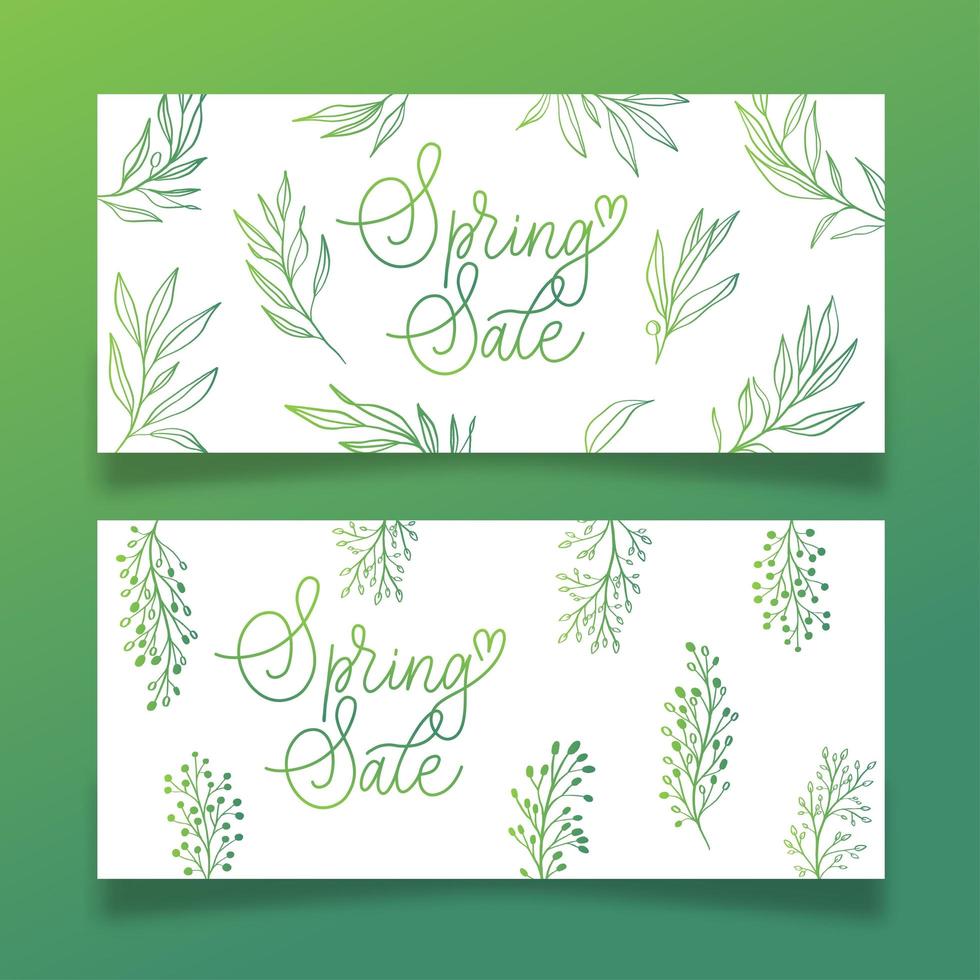 banners de venta de primavera dibujados a mano con ramas y letras. vector