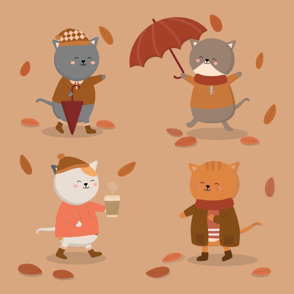 Set of lovely cat in different gestures on autumn day vector
