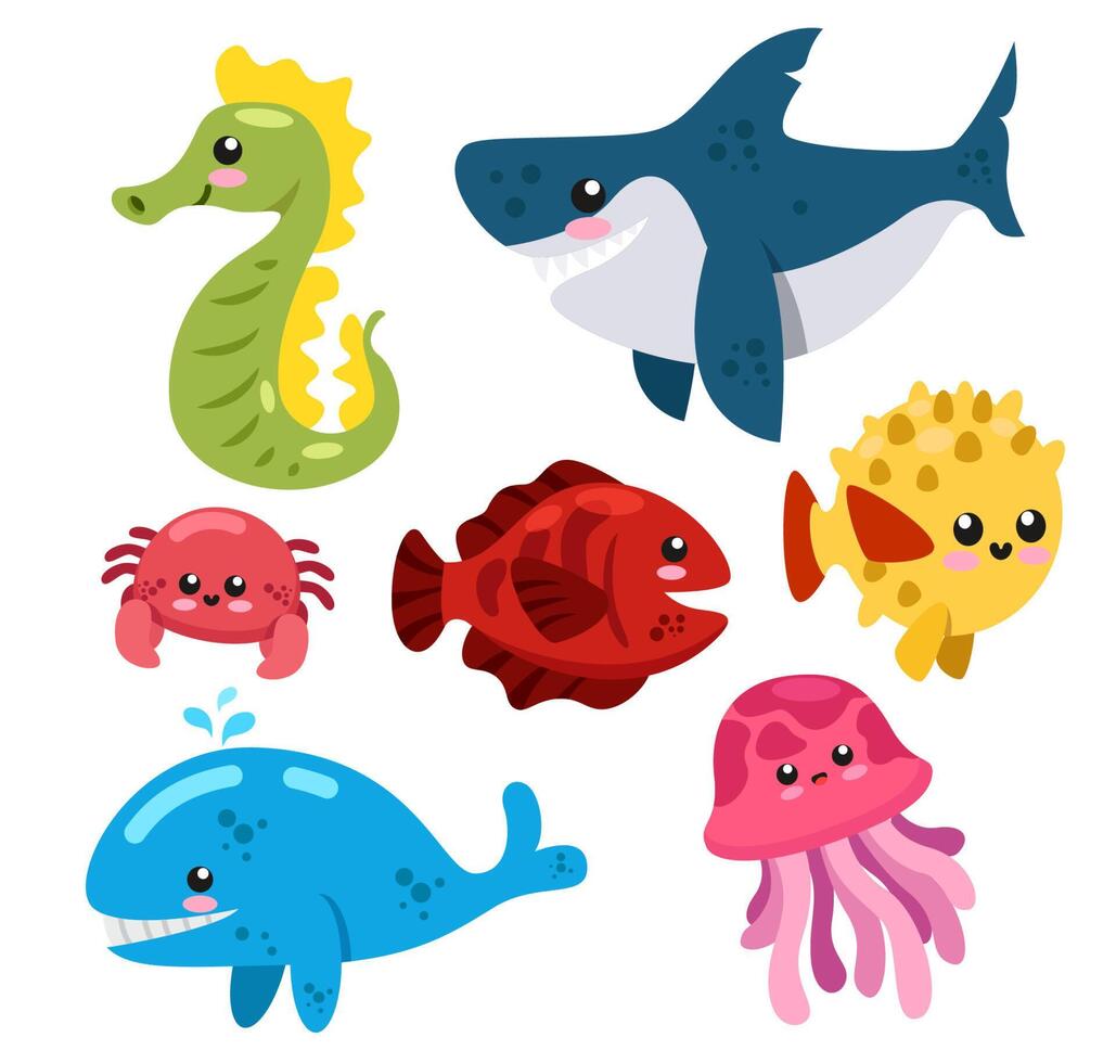 Set of sea creatures on white background vector