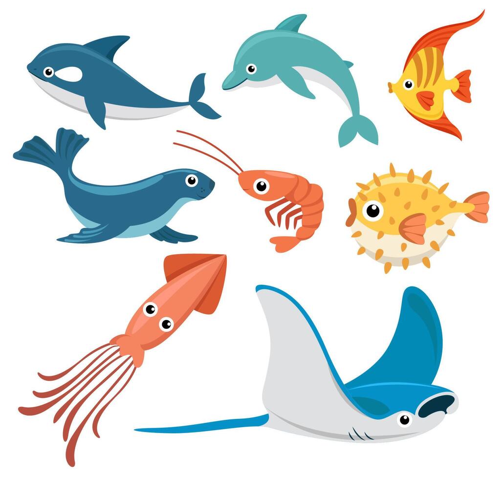 Set of sea creatures on white background vector