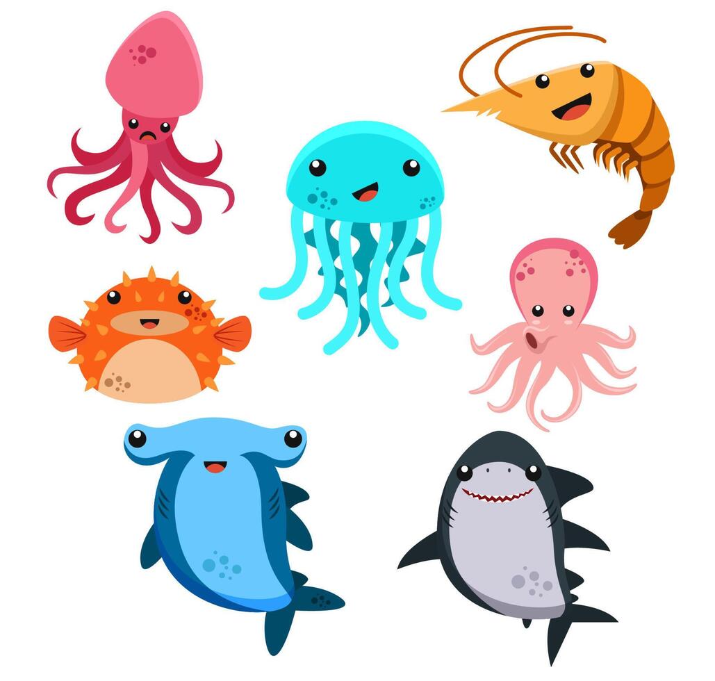 Set of sea creatures on white background vector