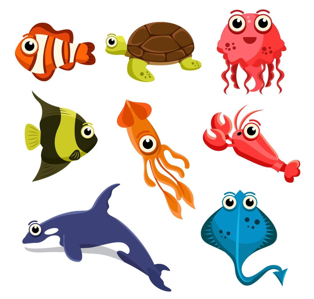 Set of sea creatures on white background vector