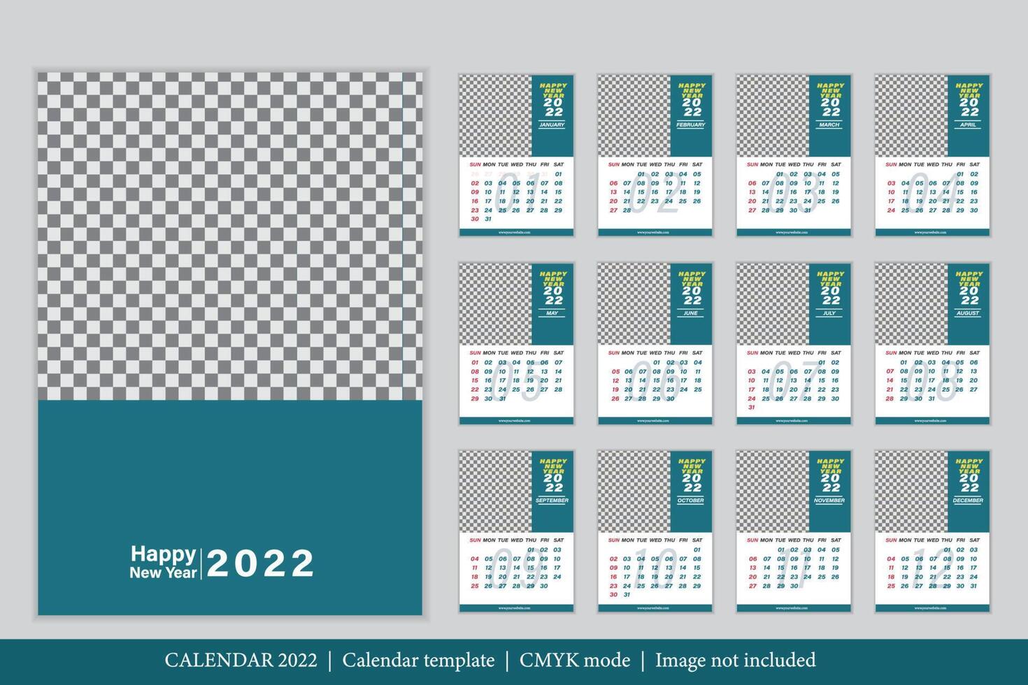 diseño del calendario 2022, el año de las plantillas de tarjetas mensuales del tigre, juego de 12 meses vector