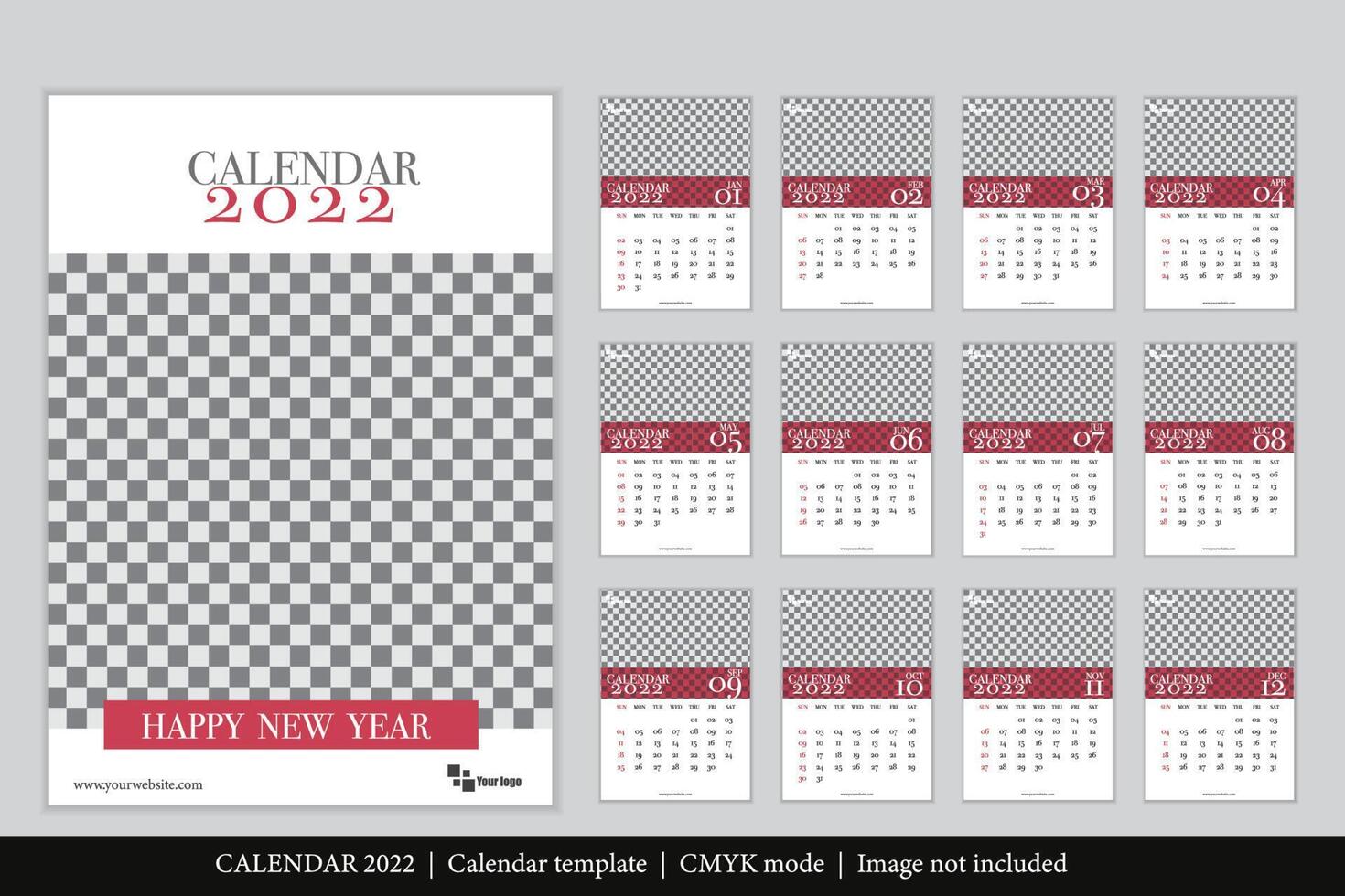 Calendar 2022 design, The year of the Tiger monthly cards templates, Set of 12 month vector