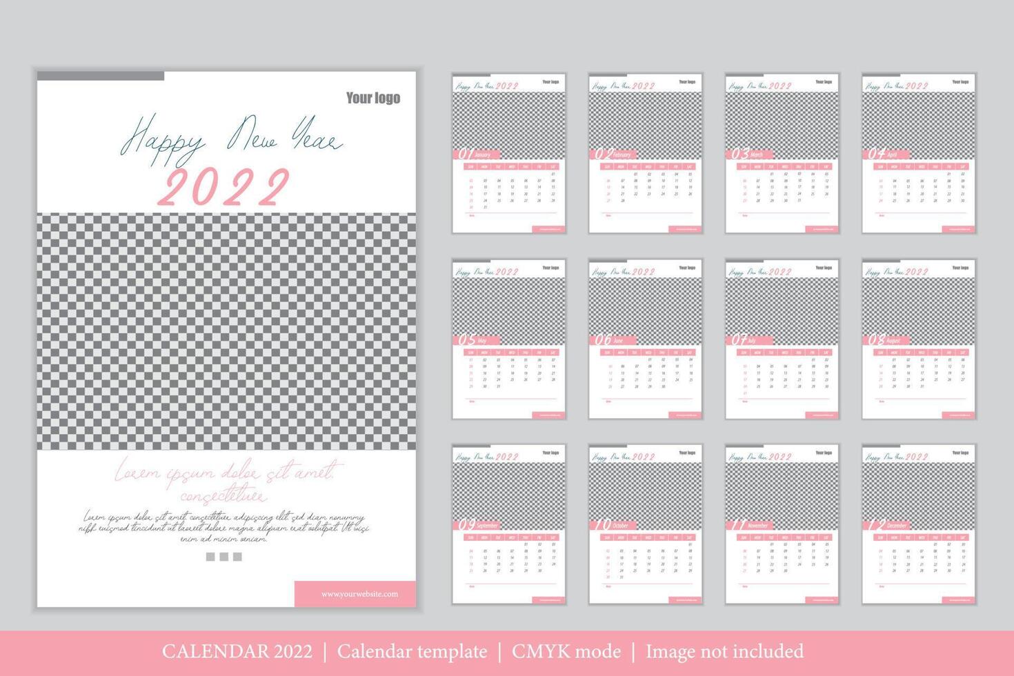 Calendar 2022 design, The year of the Tiger monthly cards templates, Set of 12 month vector