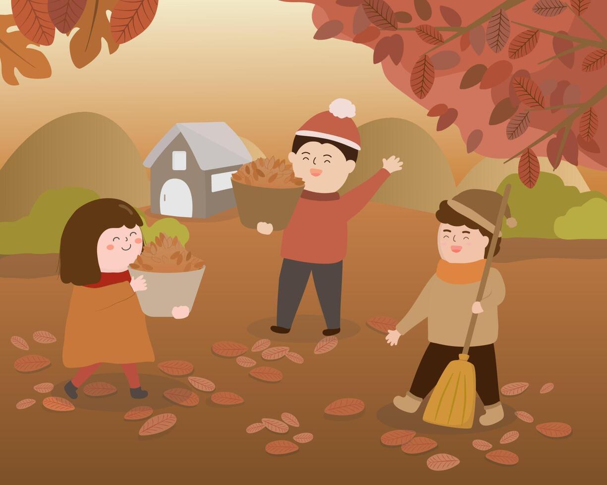 Father and kids happy in autumn season vector