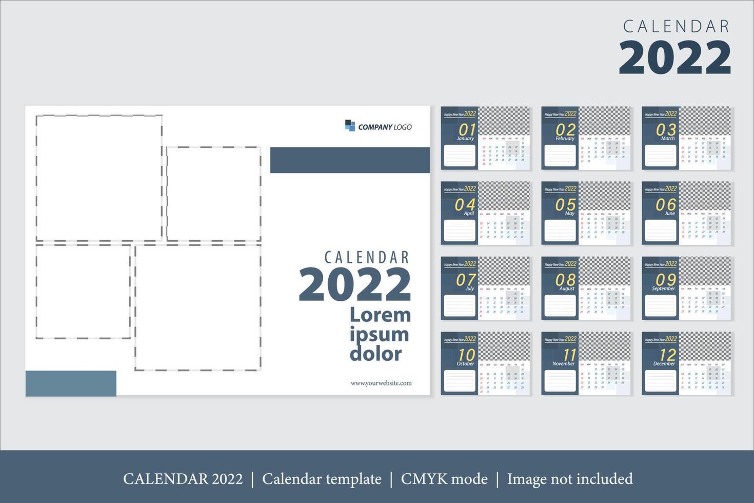 diseño del calendario 2022, el año de las plantillas de tarjetas mensuales del tigre, juego de 12 meses vector