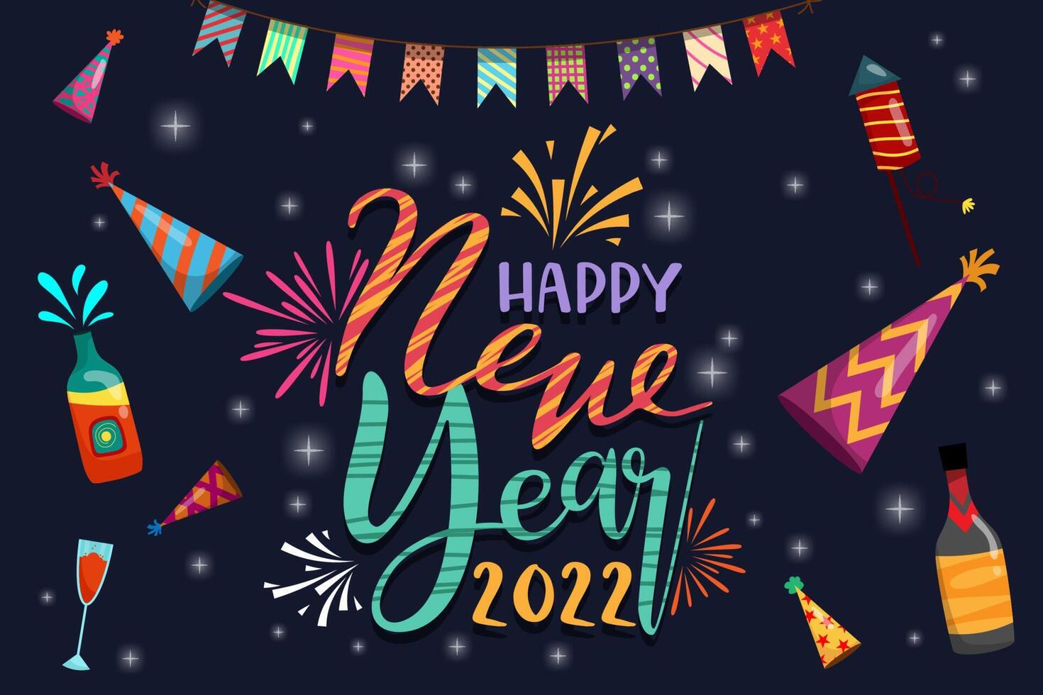 Greeting New year 2022 card cartoon with lettering vector illustration