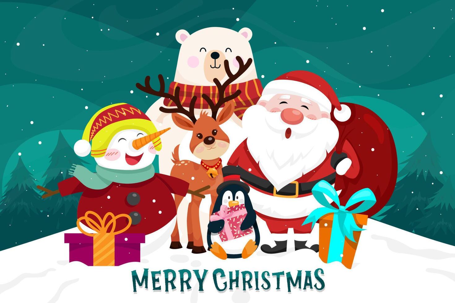 Christmas scenes Santa claus, penguin, reindeer, bear, snowman, christmas tree. Merry Christmas cutout element vector